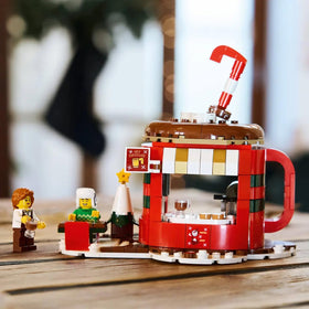 LEGO Seasonal Hot Chocolate Stand 40776 side view with outdoor seating for cozy role-play