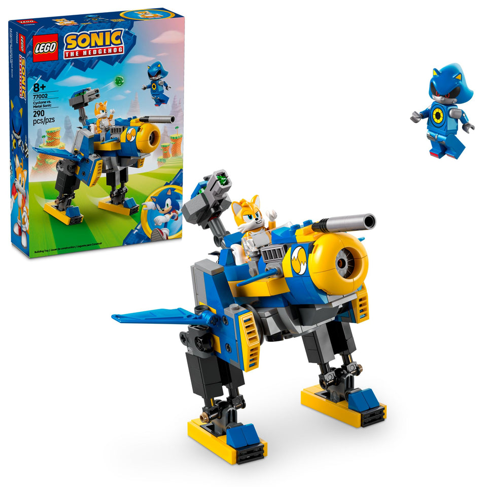 LEGO Sonic Cyclone vs Metal Sonic mech cockpit with Tails for imaginative play.