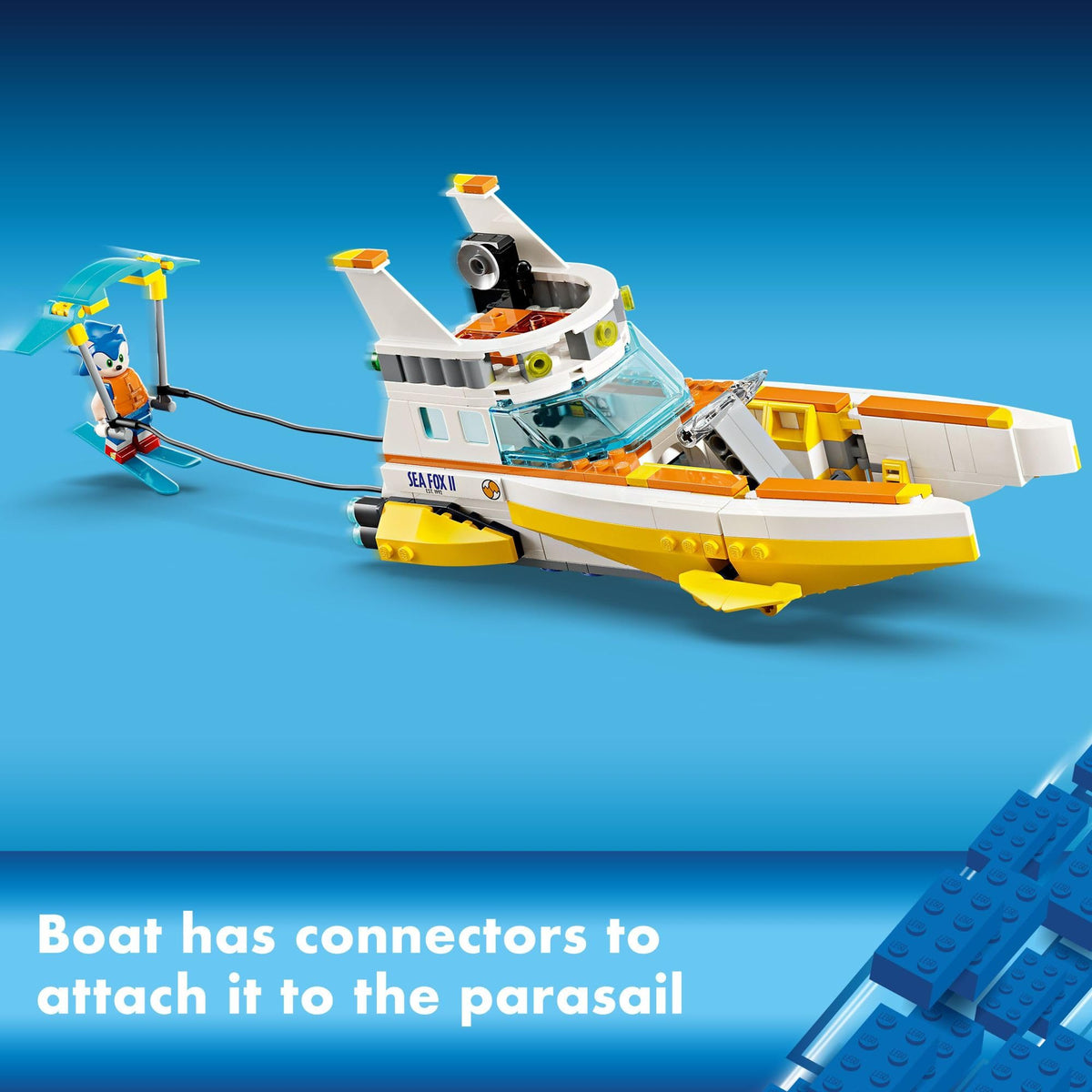 LEGO Tails boat with water skis and parasail connectors for outdoor play