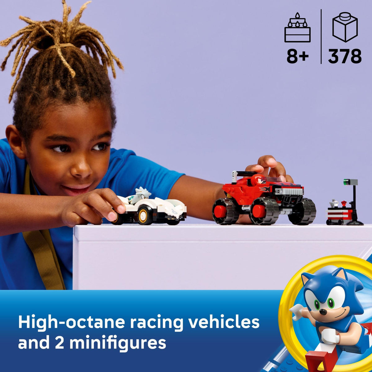 Two featured LEGO vehicles from Sonic set with toolbox and race elements