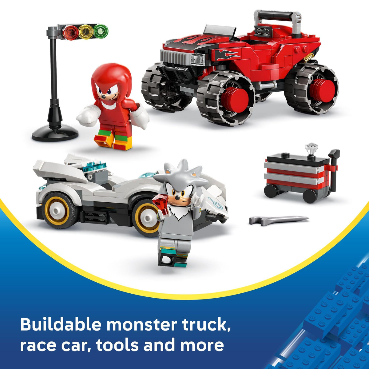 Silver minifigure and Knuckles minifigure ready for racing adventures