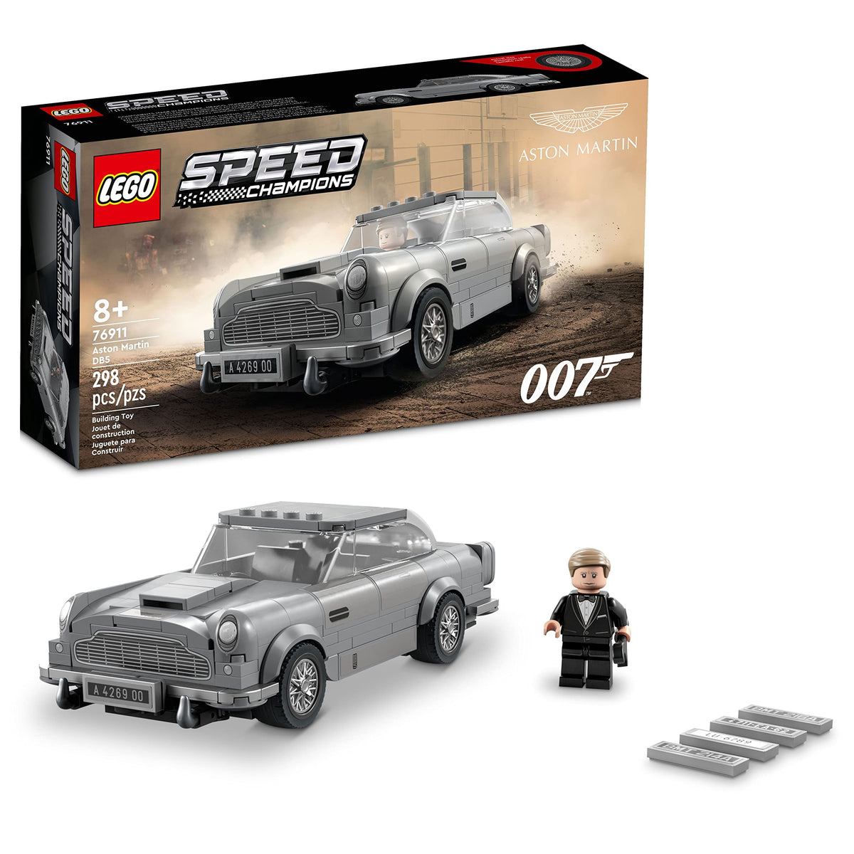 LEGO Speed Champions 007 Aston Martin DB5 front view highlights iconic silhouette for display