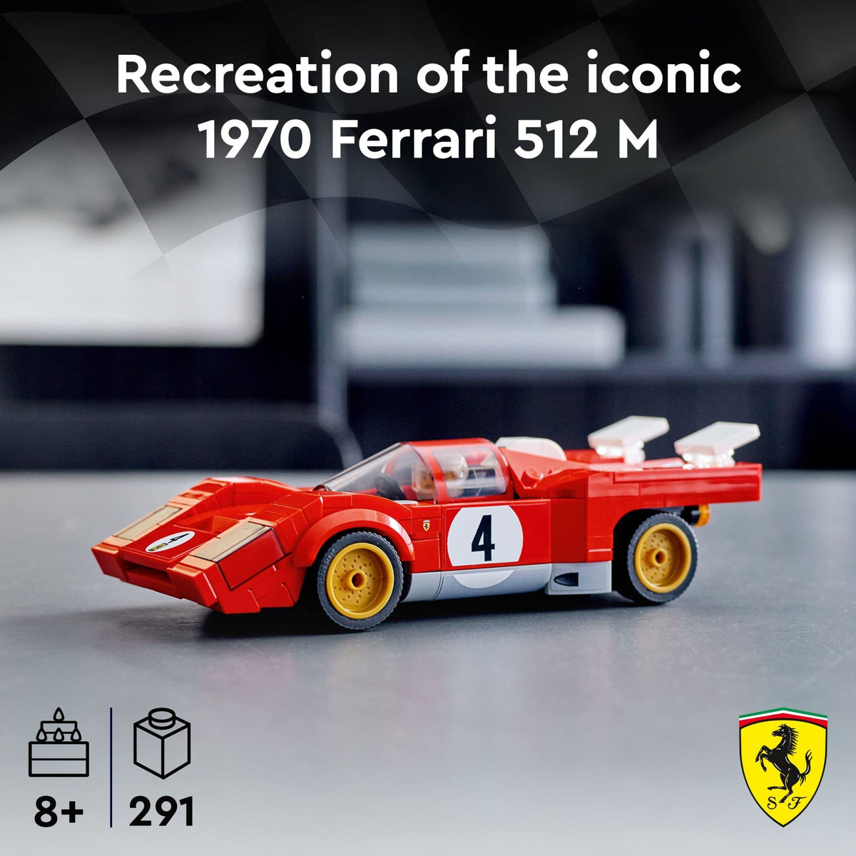 LEGO Speed Champions 1970 Ferrari 512 M side view highlighting authentic aerodynamic detailing.