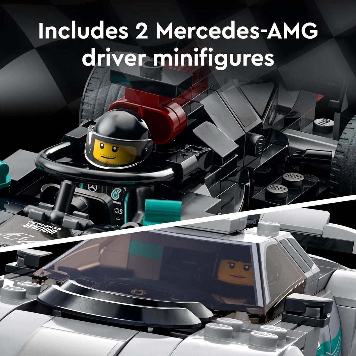 Dynamic 2-in-1 racing action between Mercedes models in Speed Champions.