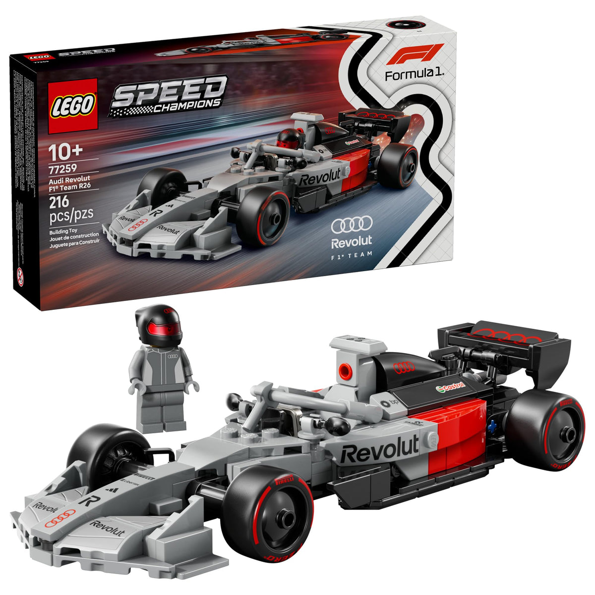 LEGO Speed Champions Audi Revolut F1 Team R26 front view showing cockpit access for immersive play