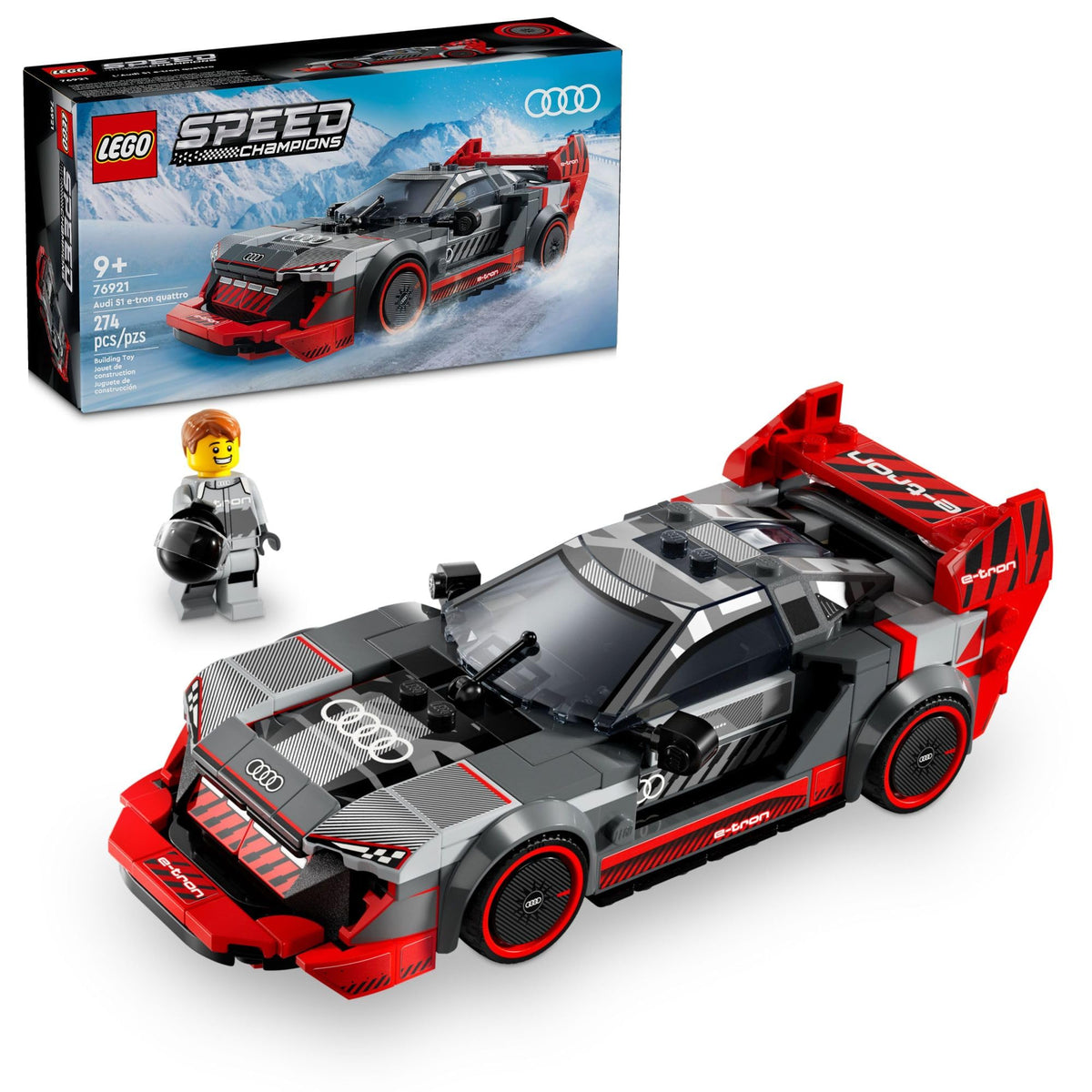 LEGO Speed Champions Audi S1 e-tron Quattro, front view, perfect for display and imaginative racing.