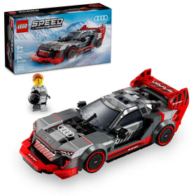 LEGO Speed Champions Audi S1 e-tron Quattro, front view, perfect for display and imaginative racing.