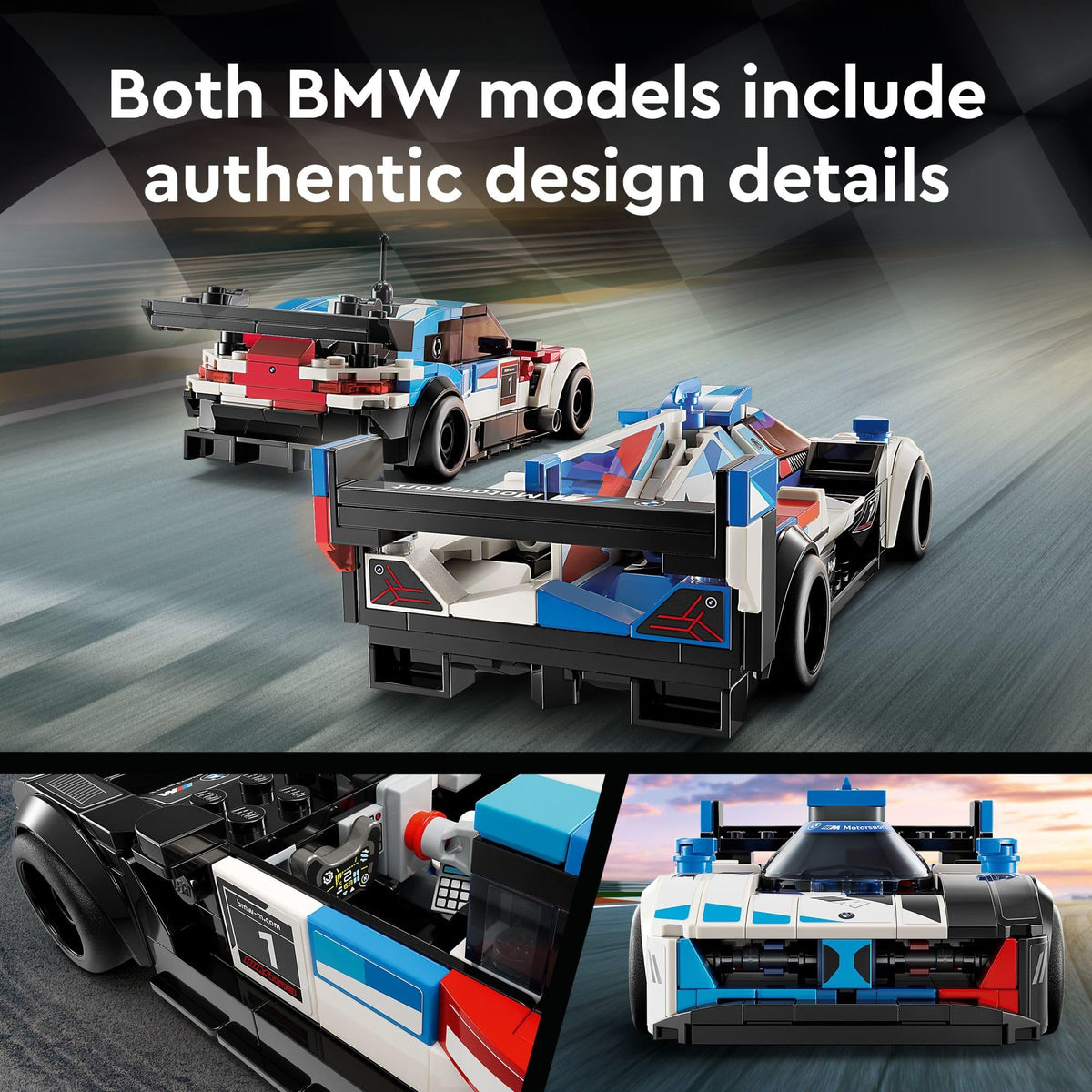 LEGO Speed Champions BMW M Hybrid V8 front view with signature BMW livery.