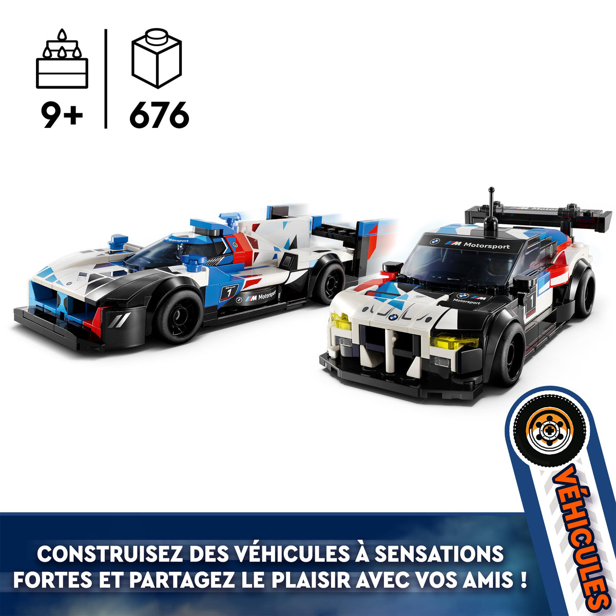 LEGO Speed Champions BMW M Hybrid V8 front view showcases sleek race design