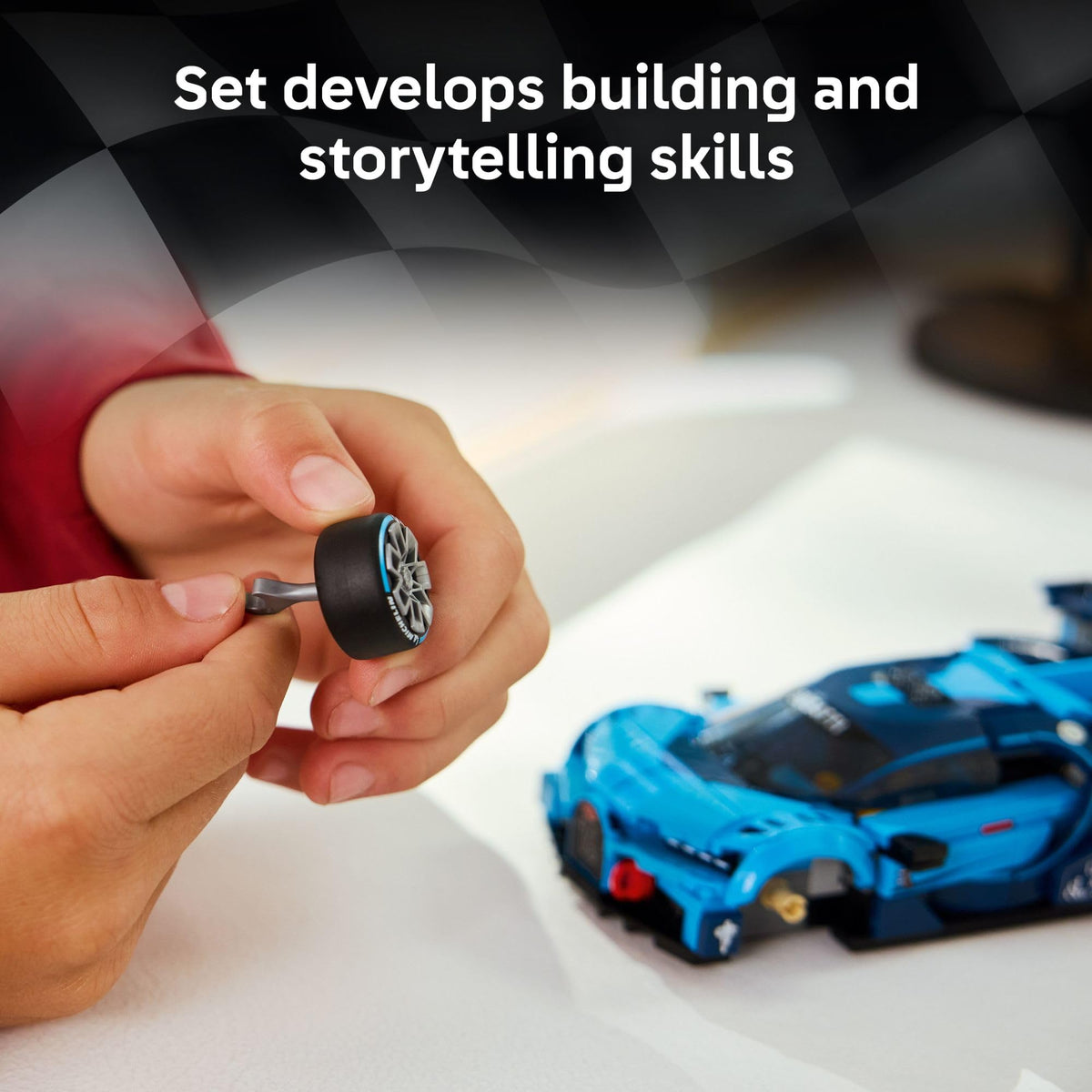 LEGO Bugatti Vision Gran Turismo cockpit with minifigure is ready for pretend racing