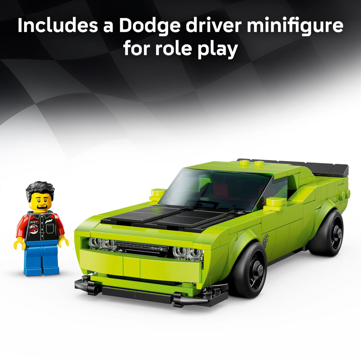 LEGO Speed Champions Dodge Challenger SRT Hellcat minifigure behind the wheel boosts play