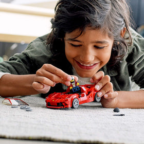 LEGO Speed Champions Ferrari F8 Tributo side view showcases sleek lines for realistic racing vibes