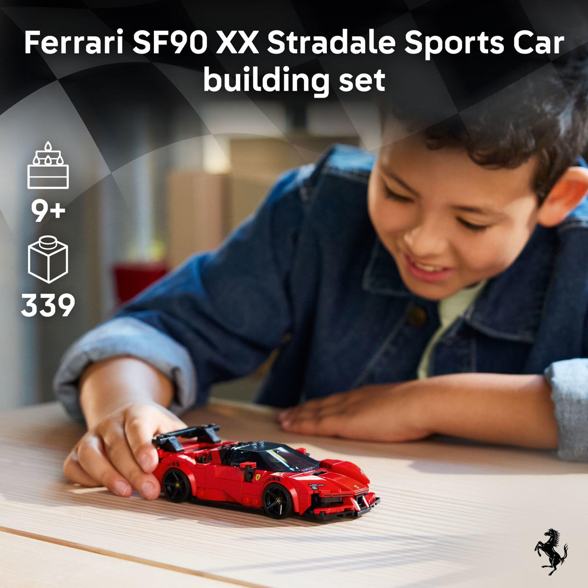 LEGO Speed Champions Ferrari SF90 XX Stradale rear view with rear wing for authentic display