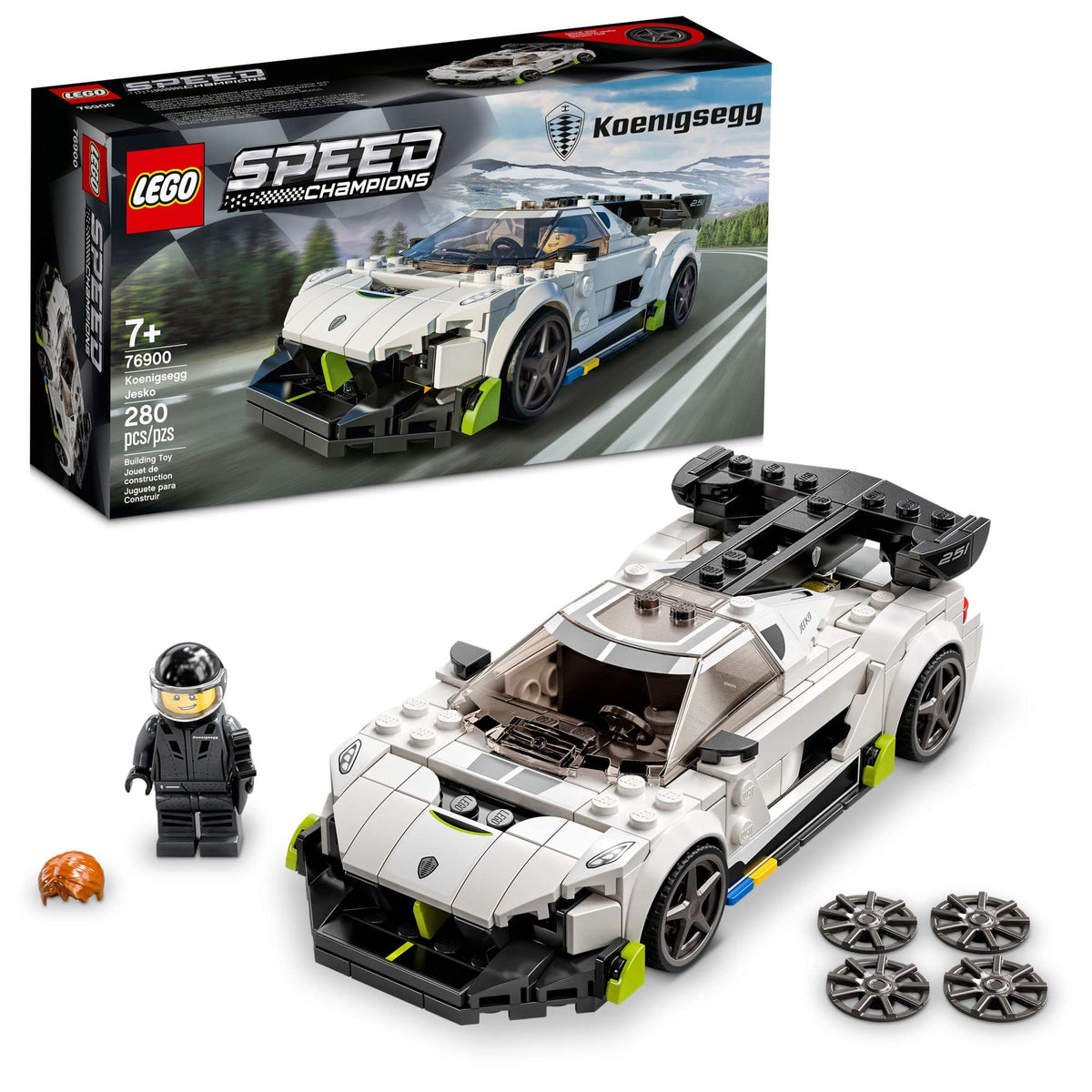 LEGO Speed Champions Koenigsegg Jesko 76900 front view with sleek white and green detailing.