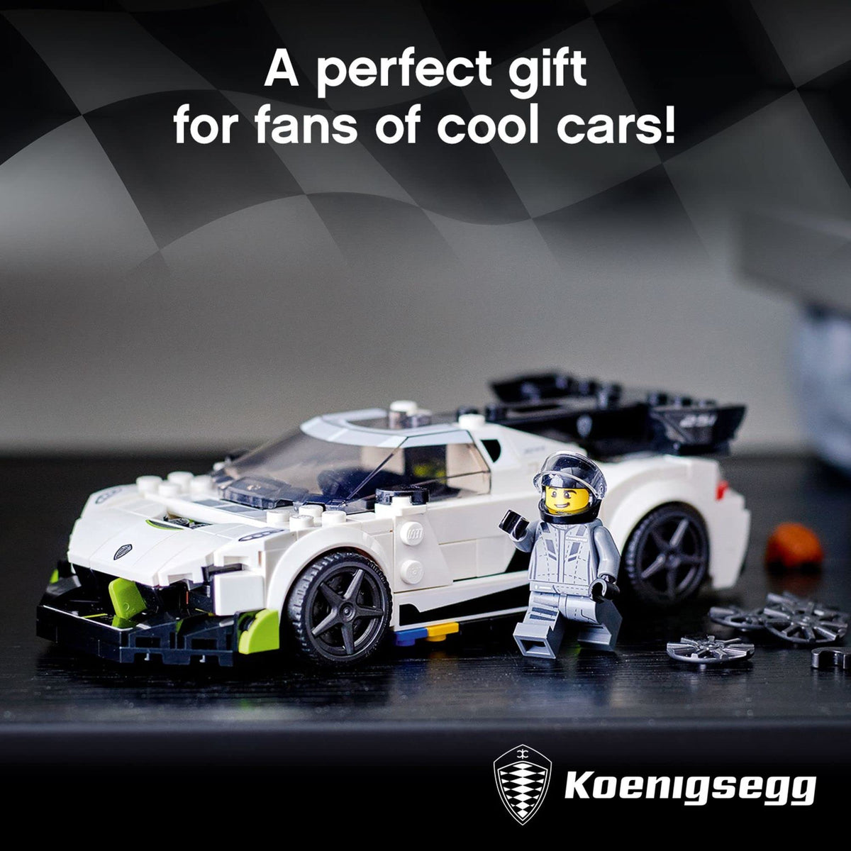 LEGO Speed Champions Koenigsegg Jesko 76900 rear view with spoiler and wheels.