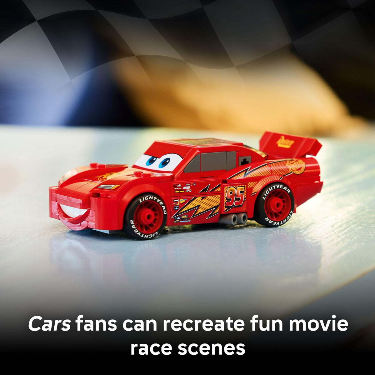LEGO Speed Champions Lightning McQueen undercarriage close-up for realism.