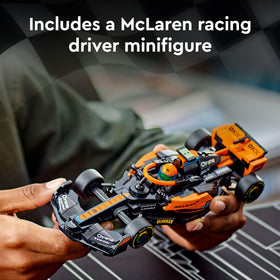 LEGO Speed Champions McLaren 2023 F1 race car display model on shelf or desk