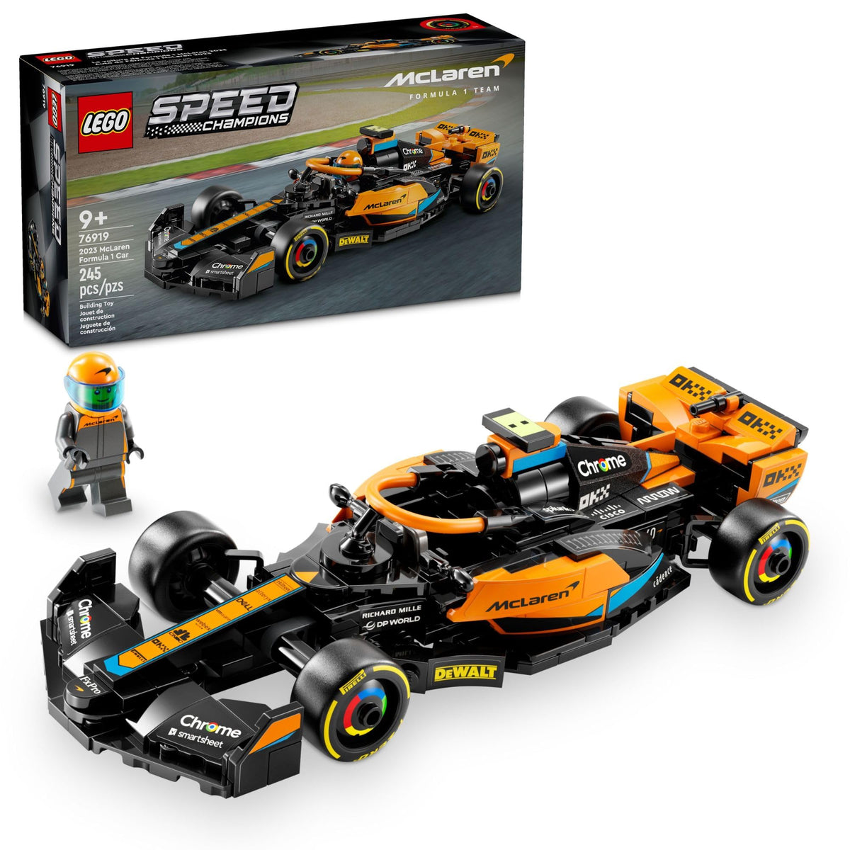 LEGO Speed Champions McLaren 2023 F1 race car front view for play and display