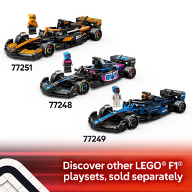 Display-ready LEGO Mercedes-AMG F1 W15 race car on a shelf