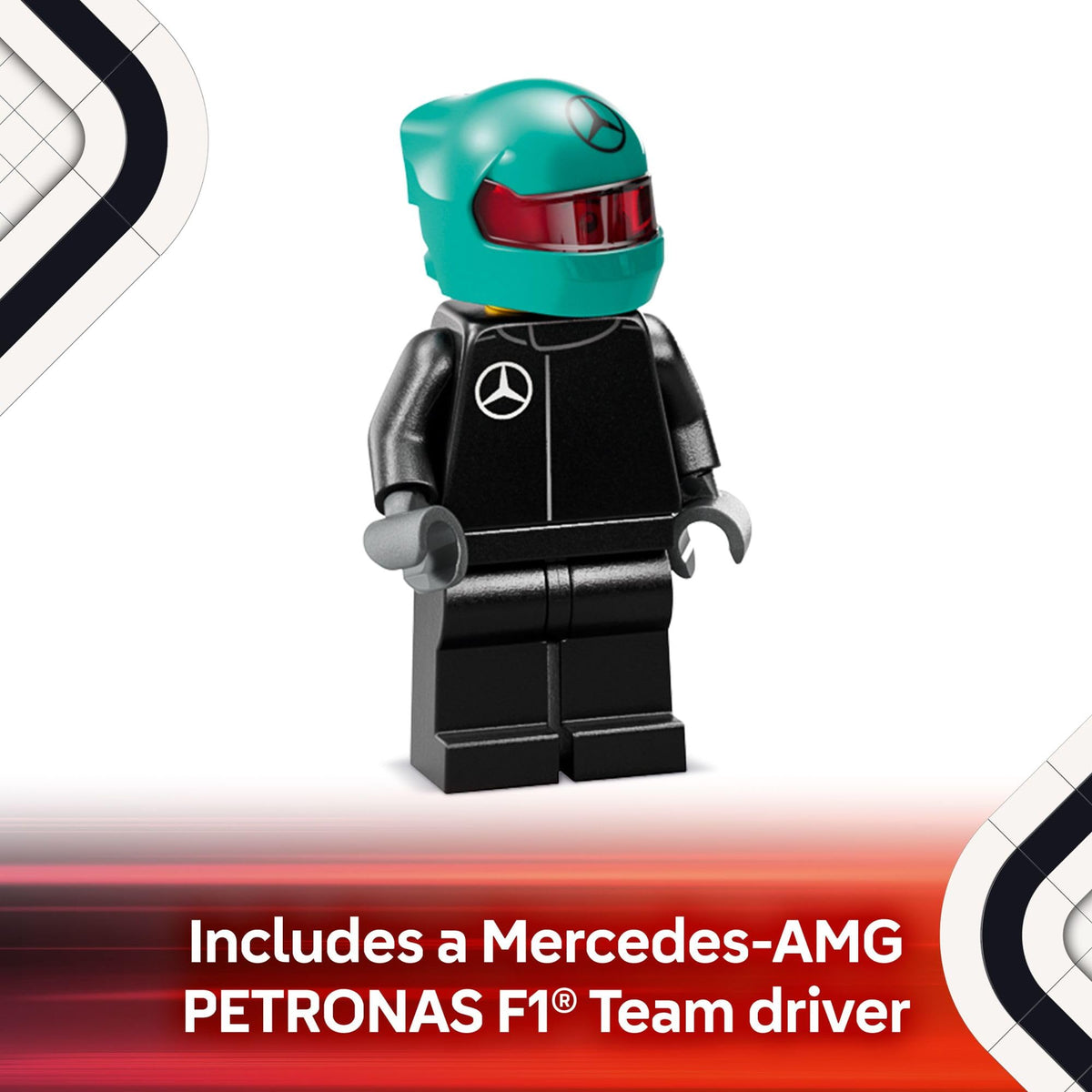 Wider Pirelli-imprinted tires on LEGO Mercedes-AMG F1 W15 car