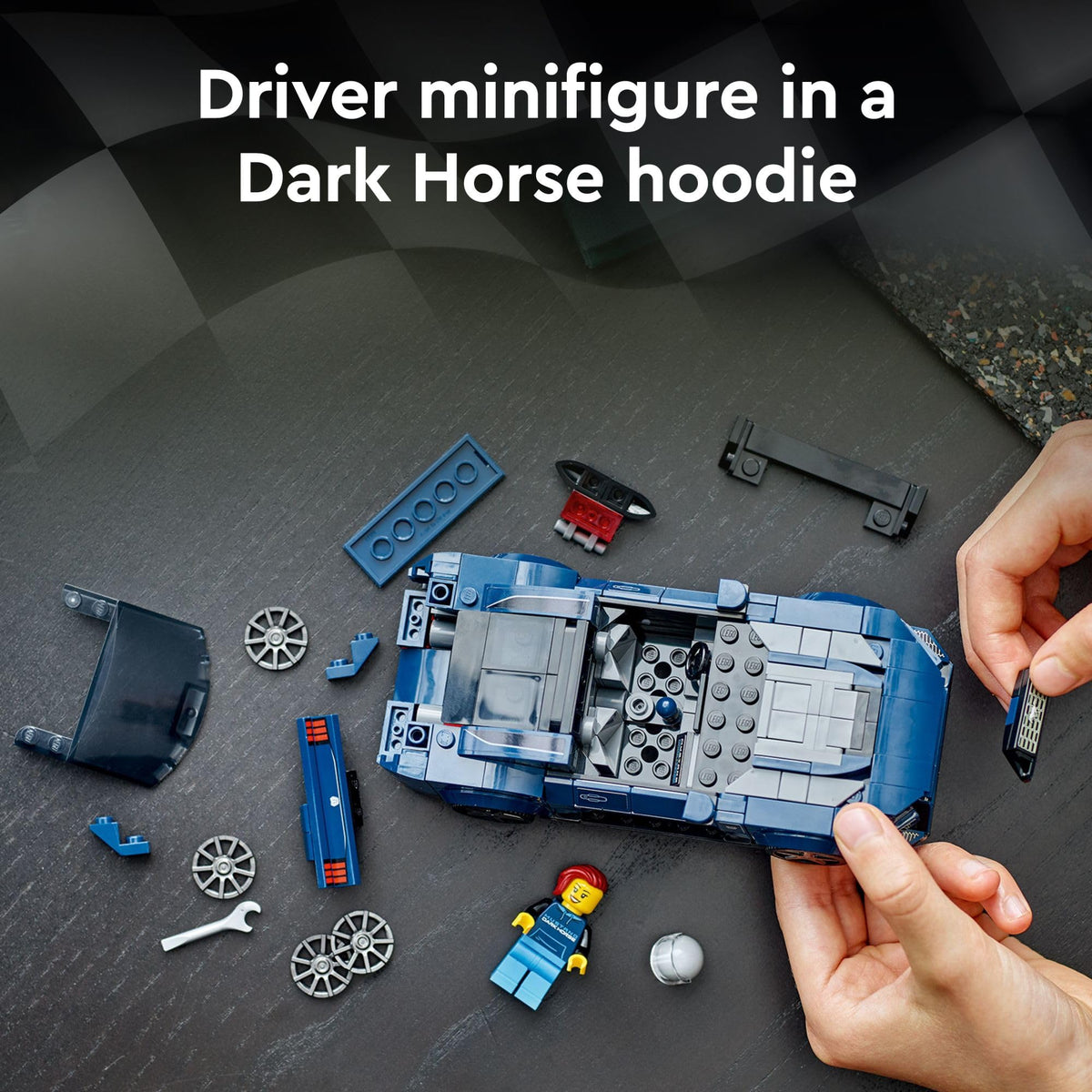 LEGO Speed Champions Mustang Dark Horse display model for shelf-ready showcase.