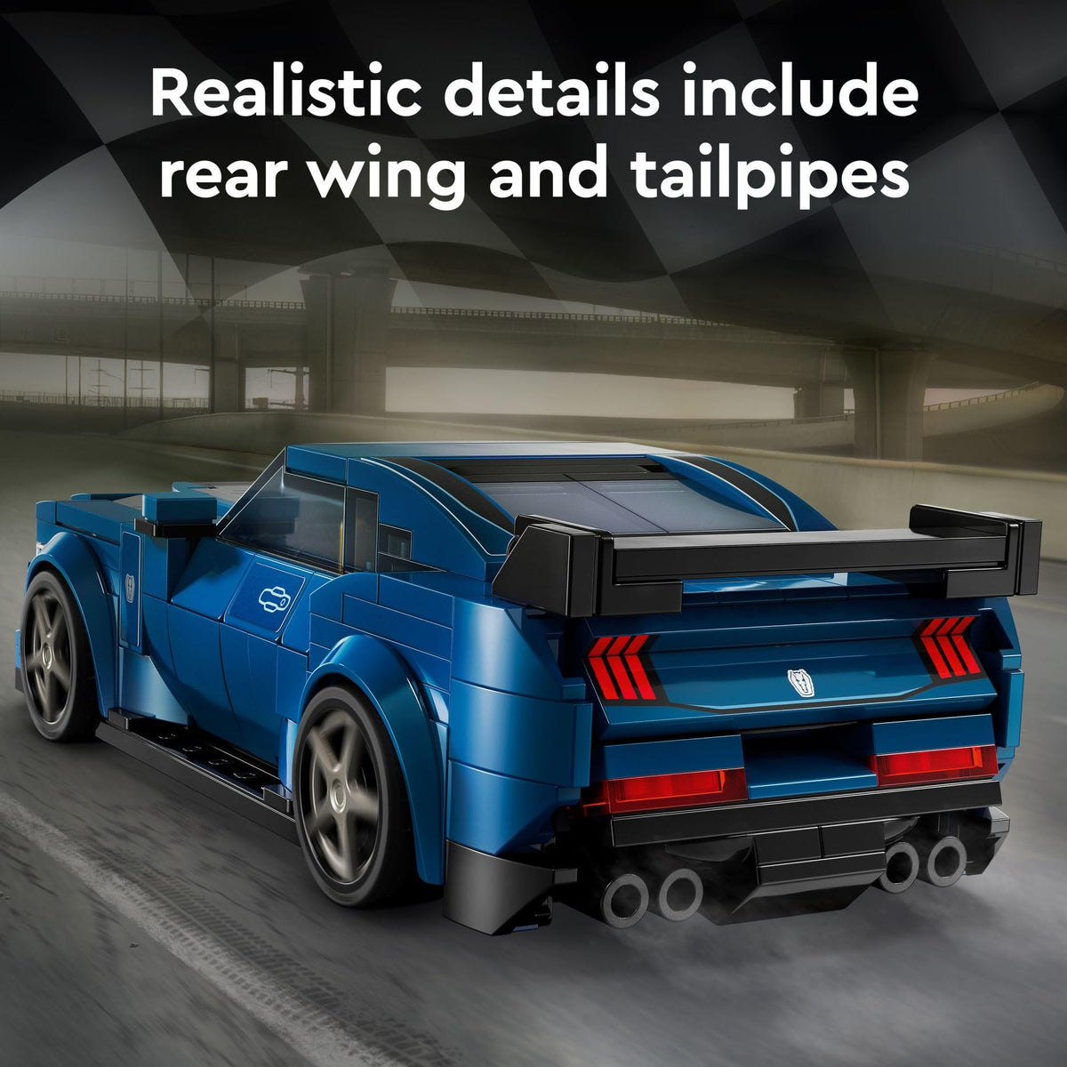 LEGO Speed Champions Mustang Dark Horse grille and headlights boost iconic car vibes.