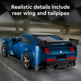 LEGO Speed Champions Mustang Dark Horse grille and headlights boost iconic car vibes.