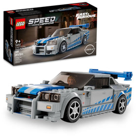 LEGO Speed Champions Nissan Skyline GT-R (R34) side view with authentic racing stripes.