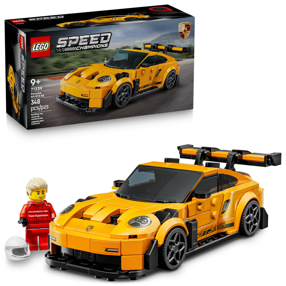 LEGO Speed Champions Porsche 911 GT3 RS front view for realistic racing imagination.