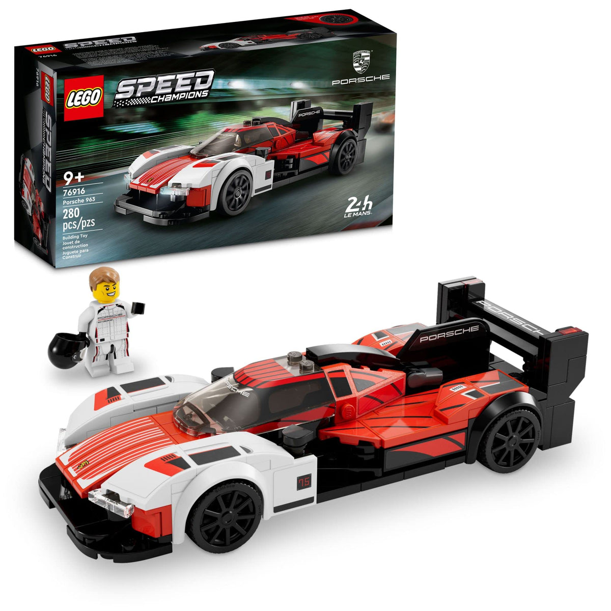 LEGO Speed Champions Porsche 963 76916 front view, iconic racing livery and form for display or play