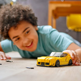 LEGO Speed Champions Toyota GR Supra 76901 side view highlights authentic lines for display.
