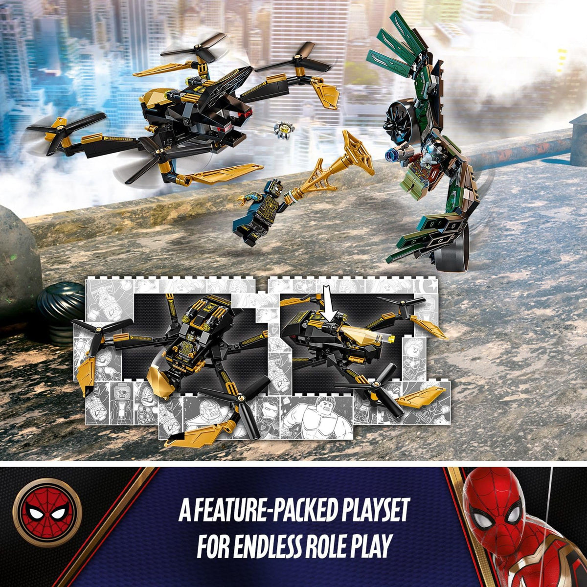LEGO Marvel Spider-Man’s Drone Duel web attachment enables elevated aerial play.
