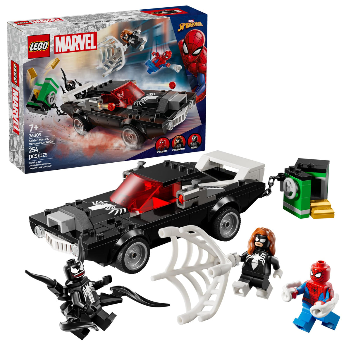 LEGO Spider-Man vs Venom Muscle Car front view for dynamic Marvel battles