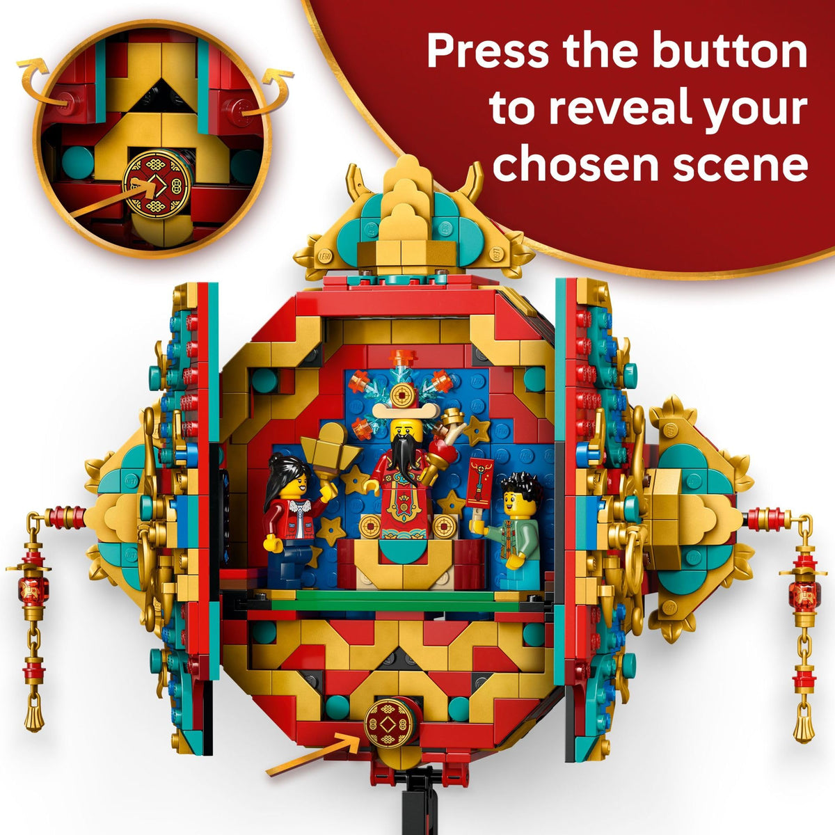 LEGO Fortune Firecracker button activates two celebratory scenes for imaginative play.