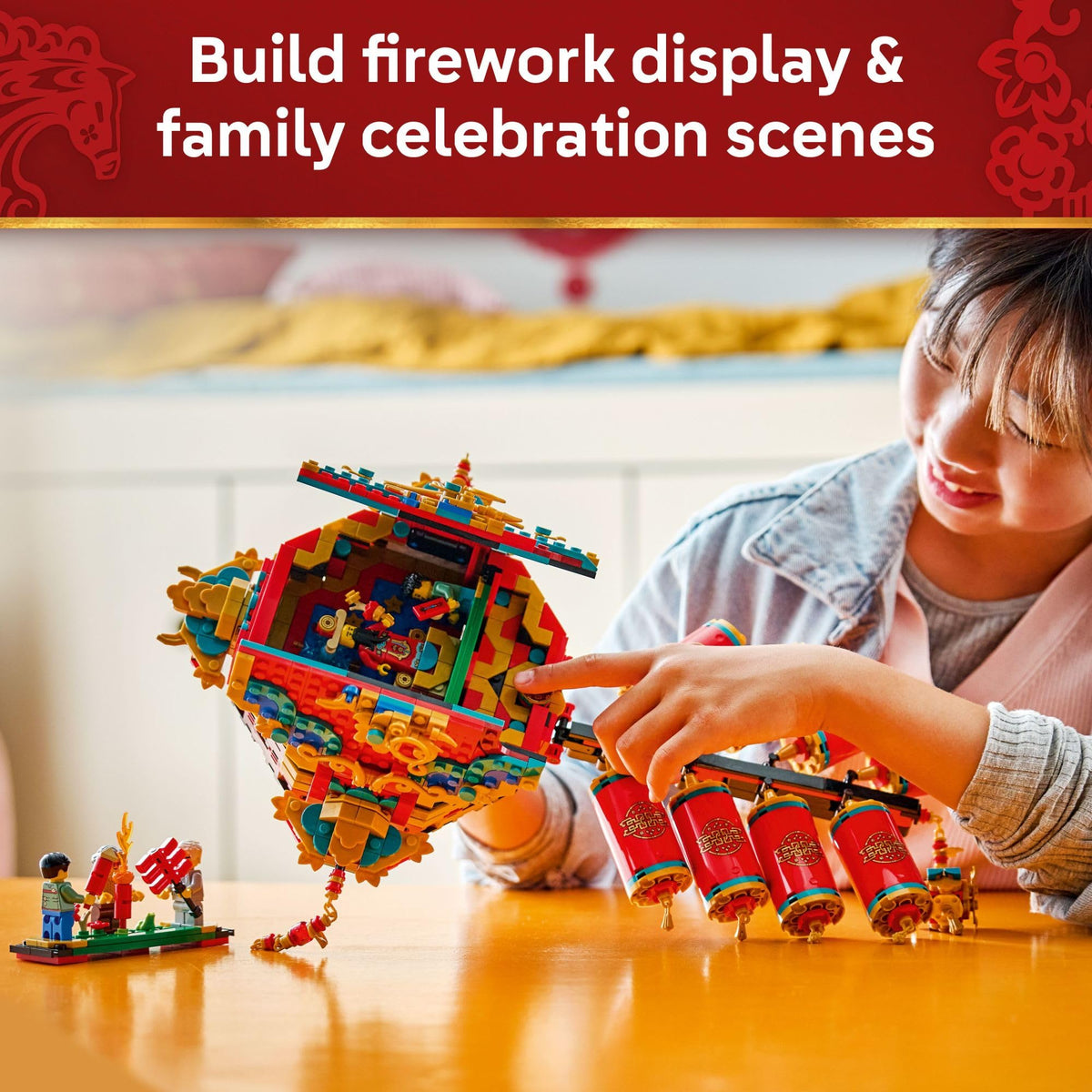 LEGO Fortune Firecracker interactive reveal shows fireworks and Fortune God scenes.