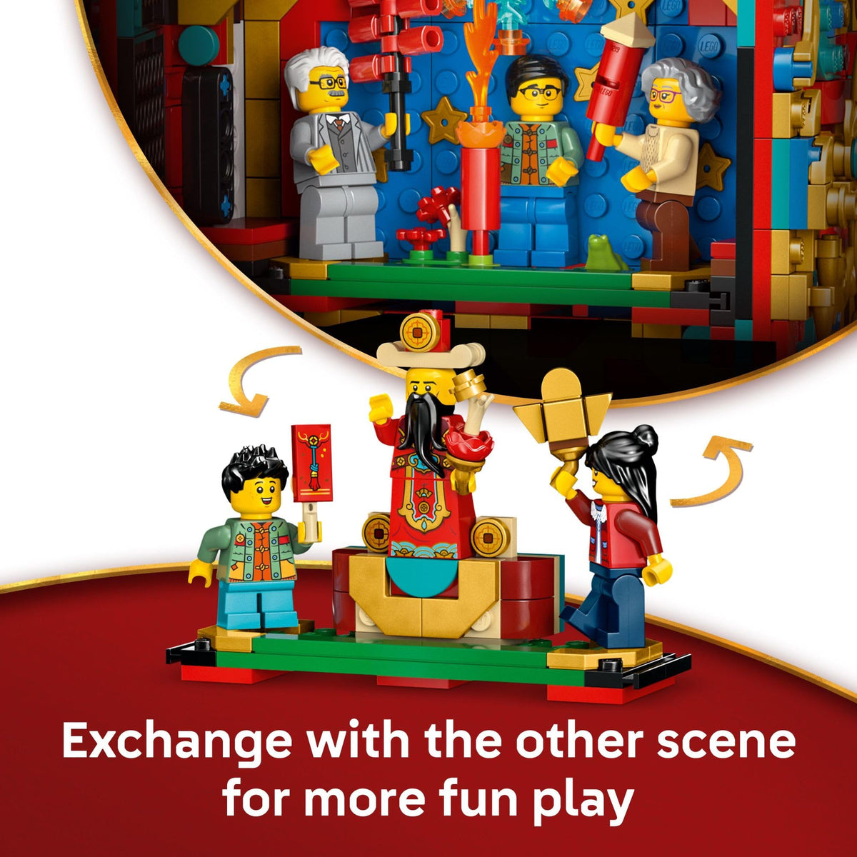 LEGO Fortune Firecracker scenes illustrate fireworks and Fortune God for cultural storytelling.