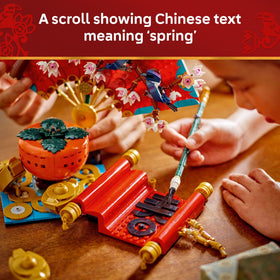 LEGO Spring Festival Good Fortune calligraphy pen with scroll highlights spring script