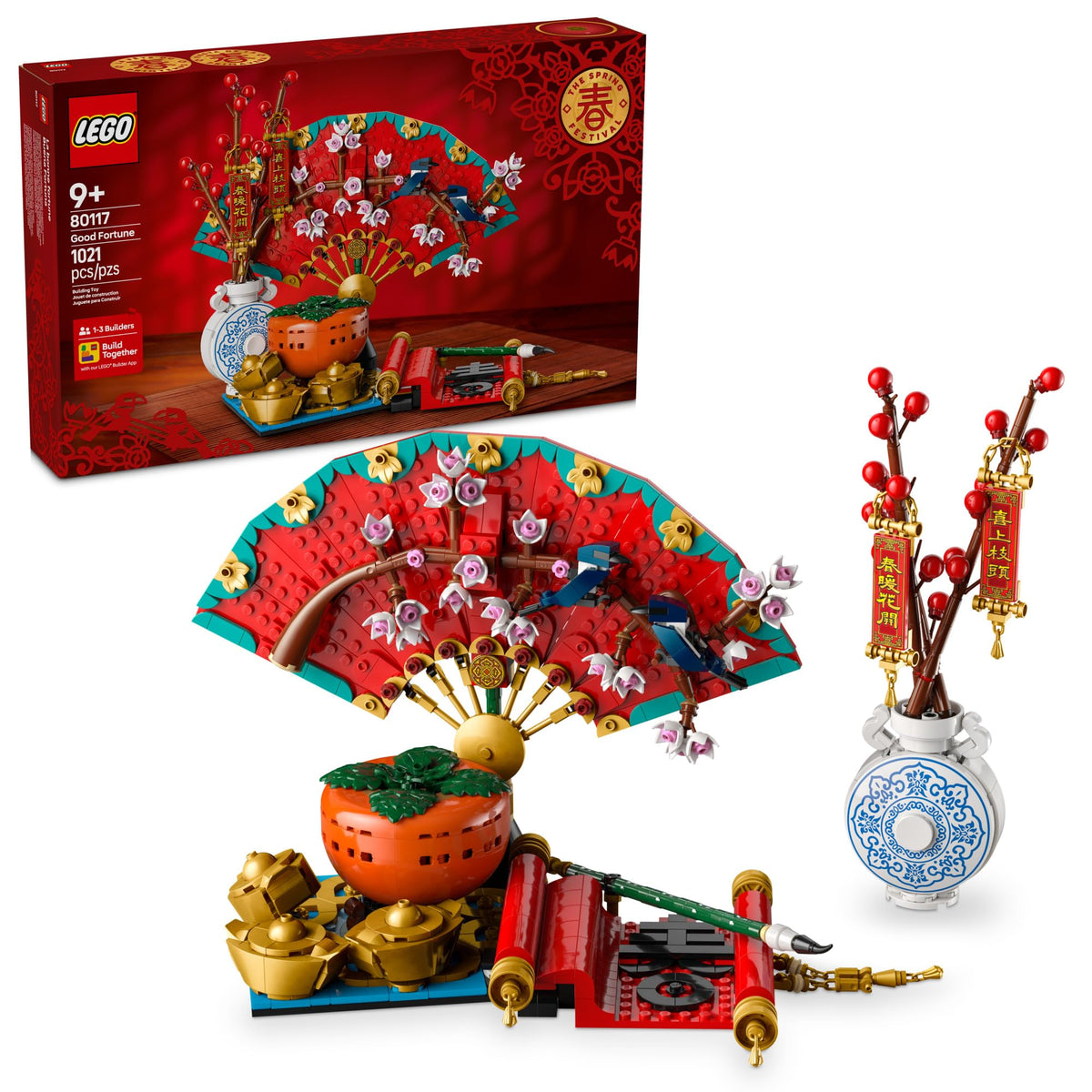 LEGO Spring Festival Good Fortune fan with magpies enhances festive display decor