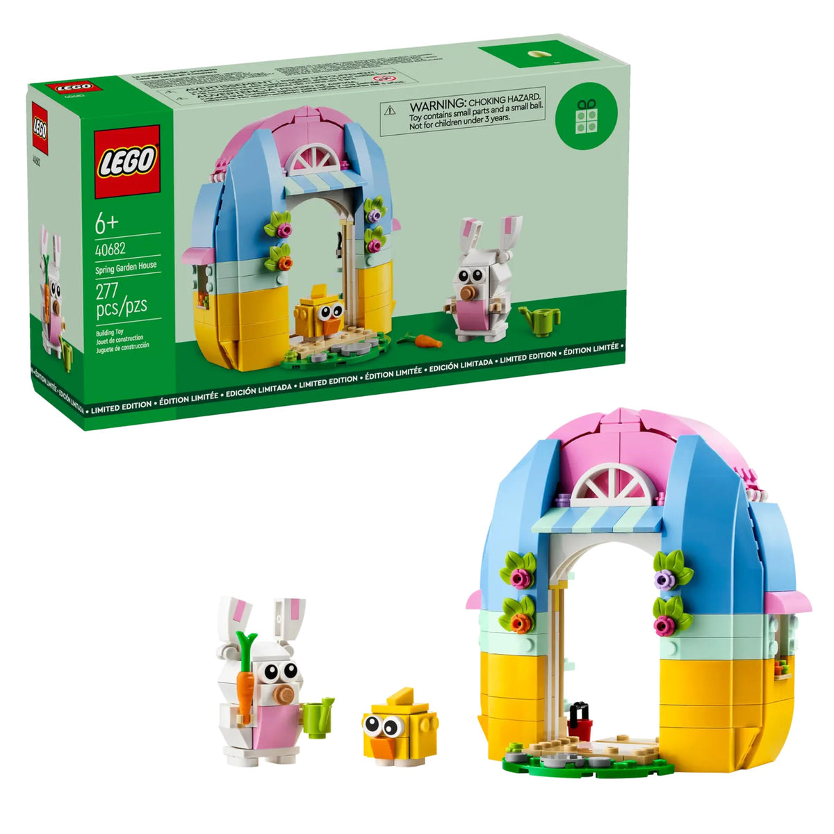 LEGO Spring Garden House exterior view shows vibrant colors for imaginative garden play.