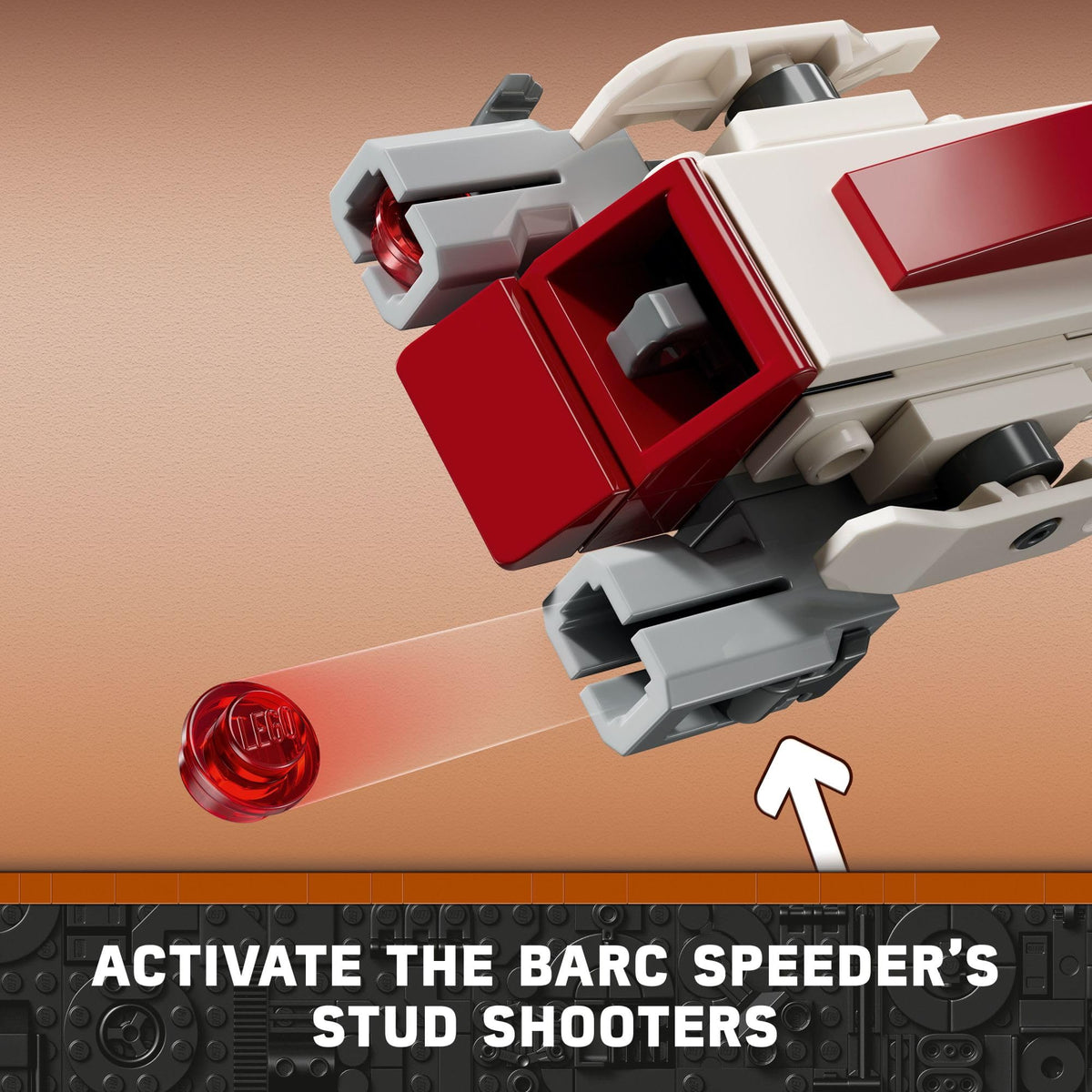 LEGO Star Wars BARC Speeder Escape diorama scene enhances display and collection.