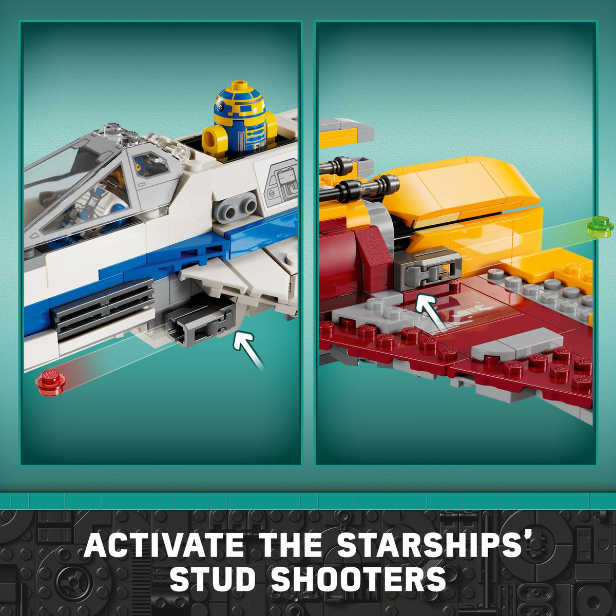 LEGO Star Wars E-Wing retractable landing gear for dynamic landings.
