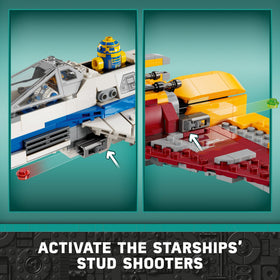 LEGO Star Wars E-Wing retractable landing gear for dynamic landings.