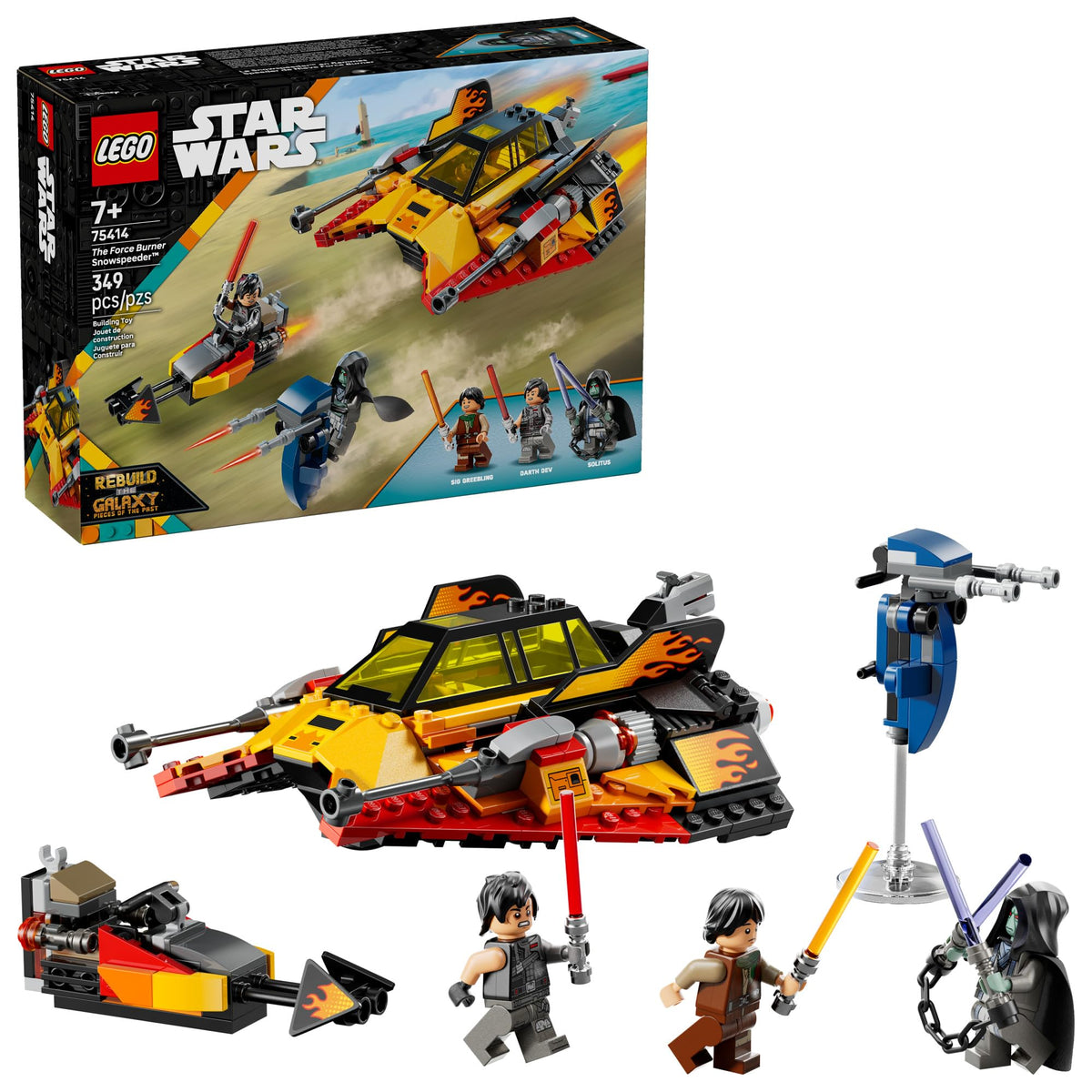 LEGO Star Wars Force Burner Snowspeeder front view with dramatic flame decals for standout display