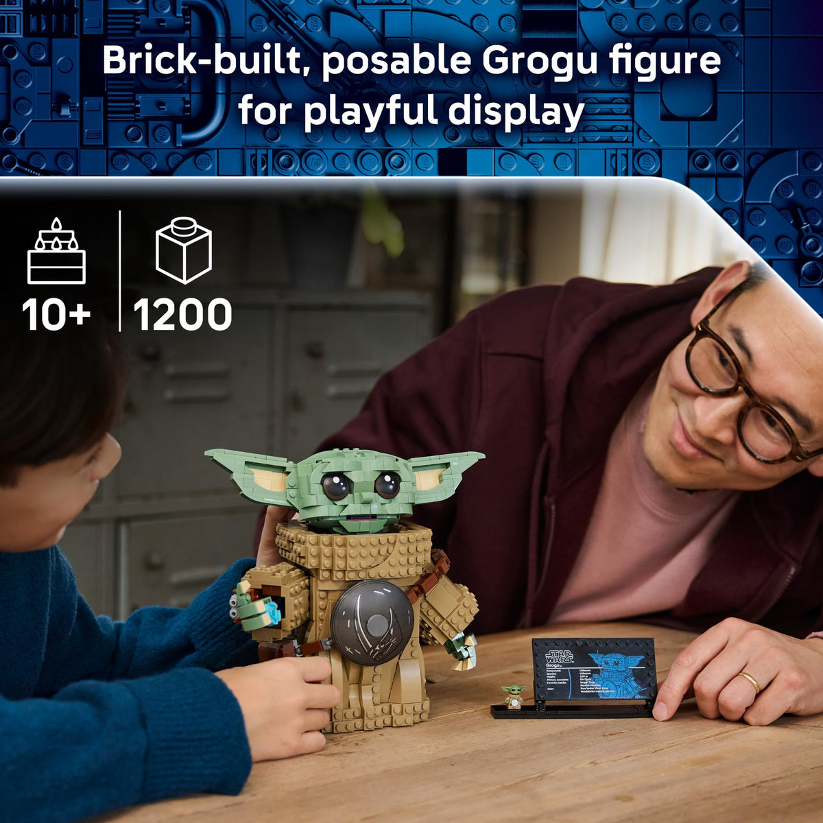 LEGO Star Wars Grogu beskar armor detail highlights authentic styling for display.