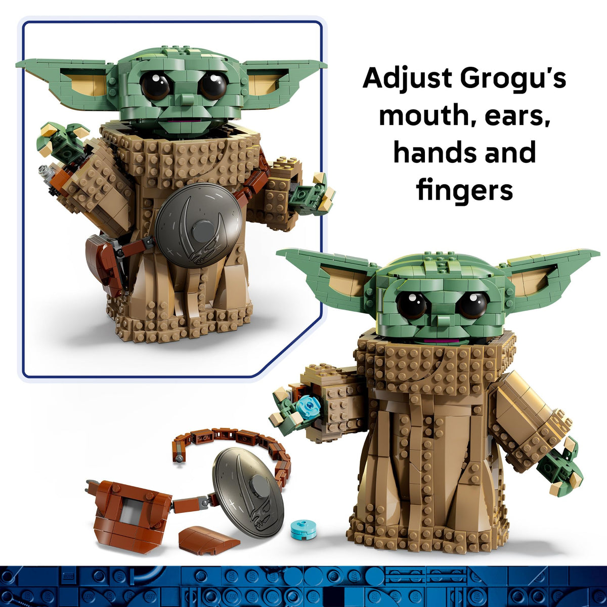 LEGO Star Wars Grogu info plaque with standard figure completes display setup.