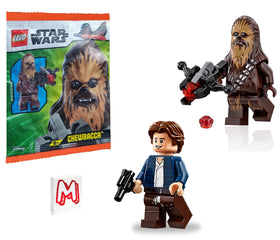 LEGO Star Wars Han Solo and Chewbacca minifigures with blaster and crossbow for imaginative play.