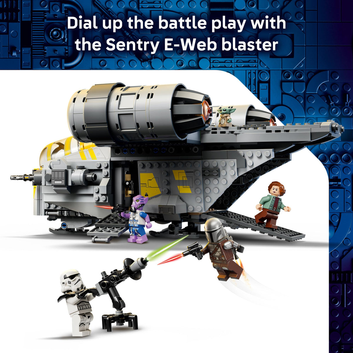 LEGO Star Wars Razor Crest minifigures with The Mandalorian and Grogu for storytelling.