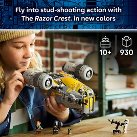 LEGO Razor Crest side panels open for accessible engine and cargo exploration.