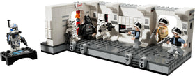 Rebel minifigures face Vader in a tense corridor duel.