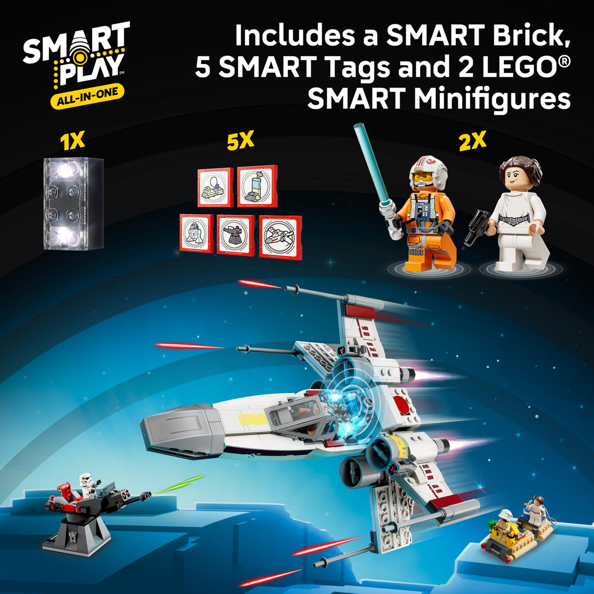 LEGO SMART Brick powers dynamic audio in the X-Wing during flight and battles.